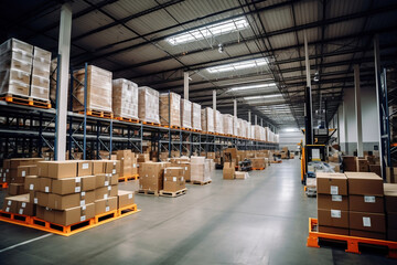 A huge warehouse filled with neatly stacked boxes. Interior of a modern warehouse. Large space for storing and moving goods. logistics. Trade in the modern world.