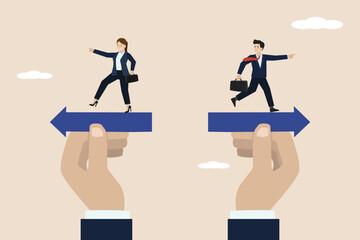 Fototapeta premium Different individual ways, business direction or team conflict, opposing decisions or disagreements, businessman and business woman carrying bags running in opposite directions.