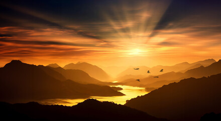 Landscape view of beautiful sunset with birds flying over the silhouetted mountains and a river bathed in golden light.