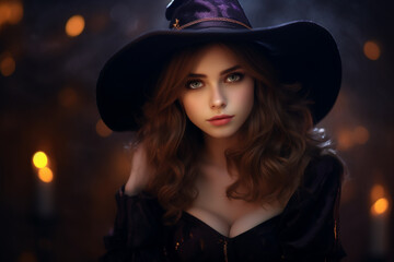 Fototapeta premium Young woman dressed in a witch costume, on Halloween.
