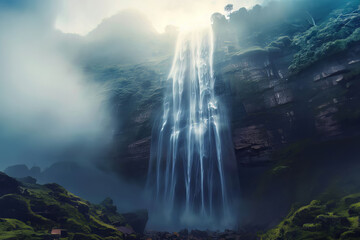 Scenery of a large waterfall falling down from a high cliff with mist floating in air and water flowing at extreme speeds. Landscape forms nature in a wide-angle view concept.