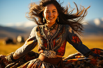 Vibrant Mongolian woman in traditional dress, elegantly performing a folk dance by a yurt, embodying nomadic heritage and lively culture.