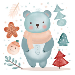 Christmas collection,Pastel cute blue bear with Christmas items in watercolor technique. Vector illustration drawing.