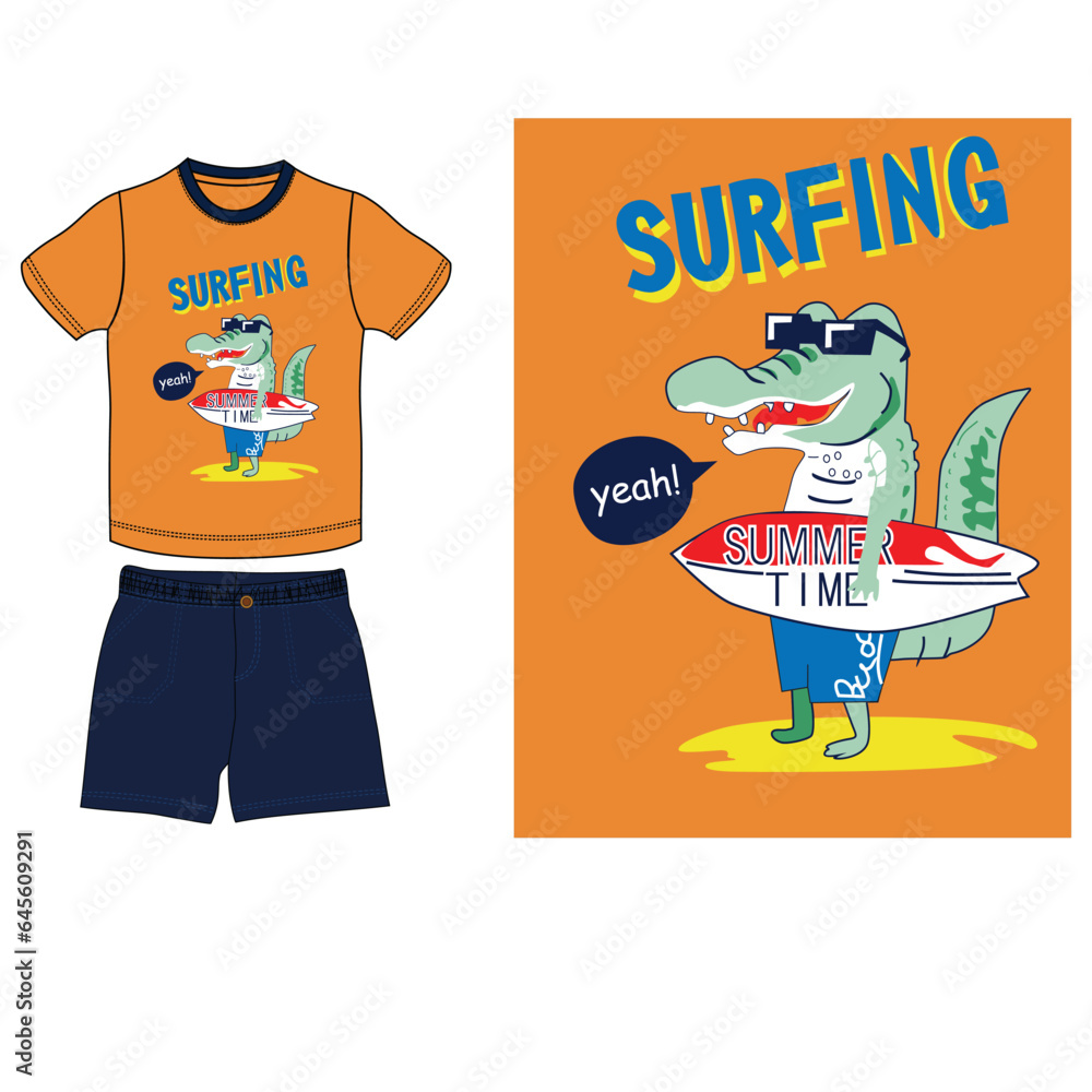 Wall mural surfing Dino t shirt with shorts vector art