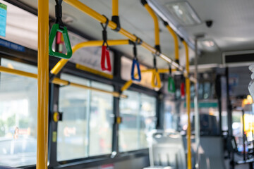 Interior view of the bus with hand grip, in Seoul, South Korea