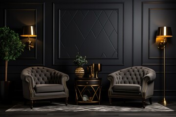 Poster frame mockup in dark green living room interior, 3d render