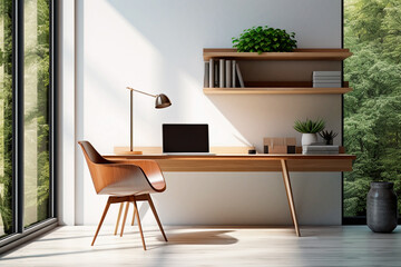 home office workspace setup with a sleek desk, ergonomic chair, minimalist decor and natural light
