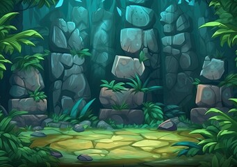 A forest clearing in front of a steep rock overgrown with plants. Natural background for the design of a computer game in cartoon style.