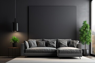 In a luxury living room interior background, a modern living room mockup showcases a dark blue sofa, ...