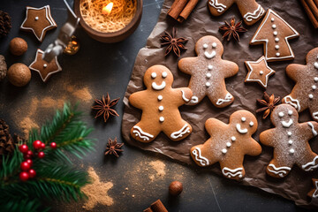 Christmas gingerbread cookies on a wooden table with christmas decoration