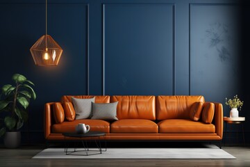 Home interior, modern dark blue living room interior, empty wall mockup, 3d rendering