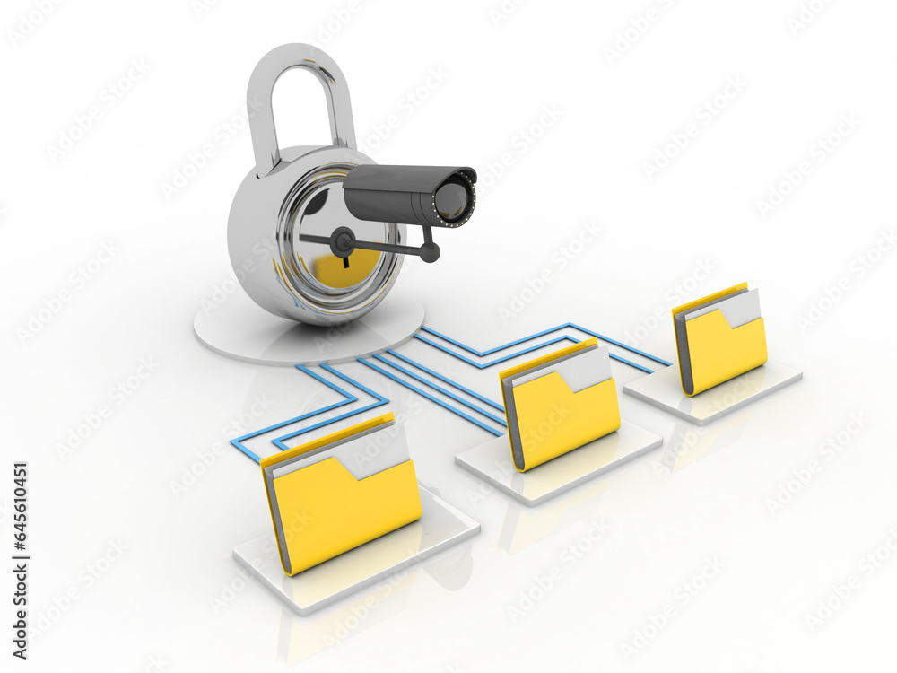 Aufkleber 3d rendering yellow folder and lock. data security concept under cctv camera