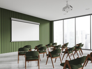 Green conference hall corner with projection screen