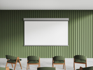 Modern meeting interior with chairs in row and mock up projection screen