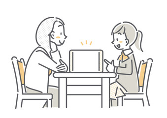 タブレット端末を見るお母さんと高校生の娘　シンプルでお洒落な線画イラスト