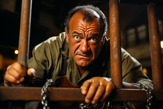 Provocative image of an intense, frustrated chef in prison attire, gripping cell bars against a plain backdrop, stressing the weight of regret and risk.