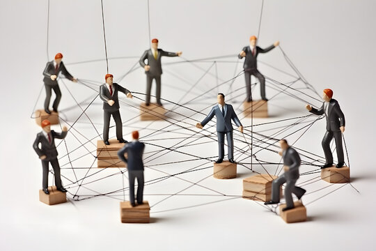 Miniature businessmen connected through strings or threads with each other, forming a web-like network