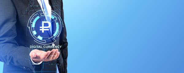 Businessman holding ruble icon with circuit board, digital currency copy space