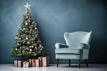 Christmas tree with gifts near chair and  blue textured wall.  Wall scene mockup. Promotion background