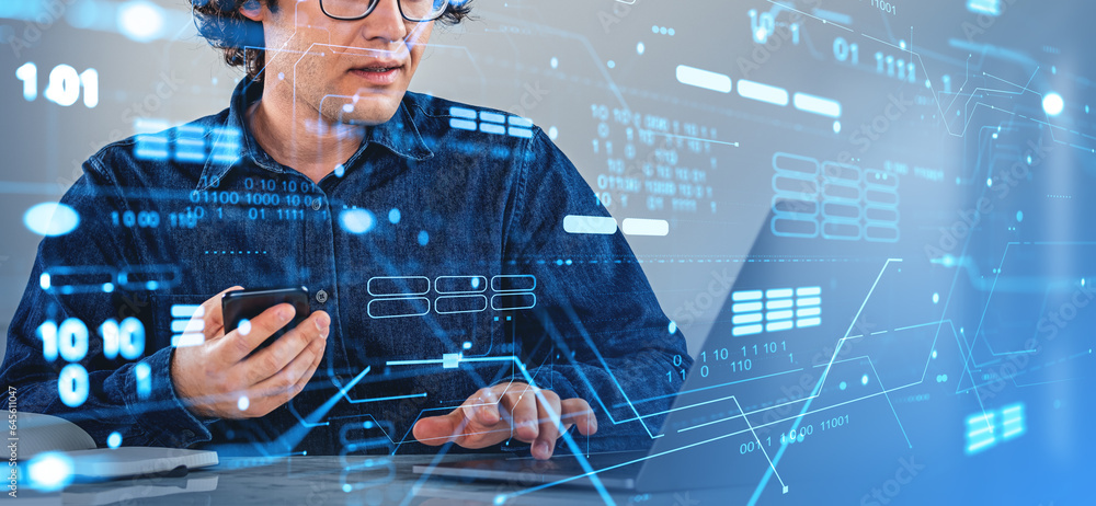 Poster man with laptop and smartphone with data processing interface