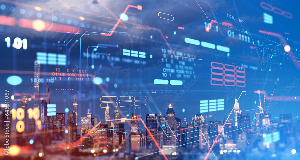 Aufkleber new york and big data center server, glowing binary code with abstract lines