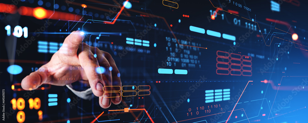 Poster man hand touching data center processing information with binary