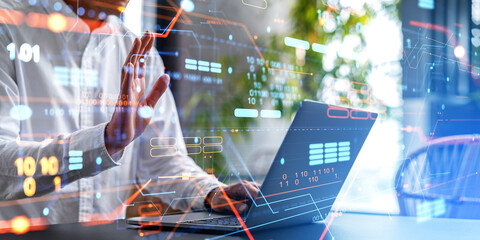 Man hand touching virtual screen with data server processing information