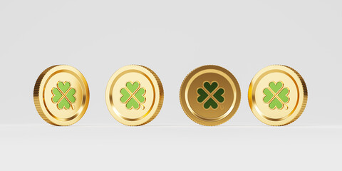 Four four leaf clover coins over gray