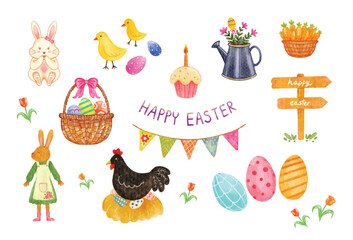 Set of Easter elements watercolor vector illustration