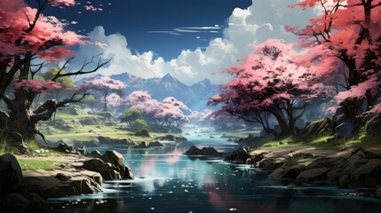 Hyper-realistic fantasy mountains in spring with flowing waterfalls and fresh green trees surrounding a clear, sparkling river, with big stones lying near the water's edge.