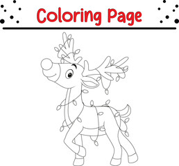 Christmas cartoon little deer with lights. Black and white vector illustration for coloring book