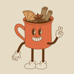 Retro poster with coffee mascot, cartoon characters, funny colorful doodle style characters, cappuccino, cocoa, latte, espresso. Vector illustration on beige isolated background.