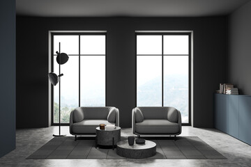 Gray and blue living room with armchairs