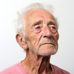 A refined studio headshot of an 85-year-old Caucasian man lost in thought.