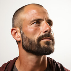 Obraz premium Professional studio head shot of a serene 40-year-old Middle Eastern boy, his eyes looking down to the right.