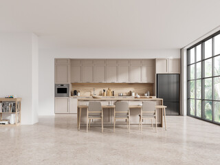 White and beige kitchen interior with table