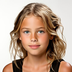 Fototapeta premium Professional studio head shot of a joyful 7-year-old Caucasian girl, eyes looking left.
