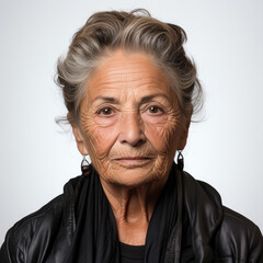 A polished studio head shot capturing the longing expression of an 82-year-old Latino woman.