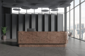 Modern office lobby interior marble reception desk with panoramic window