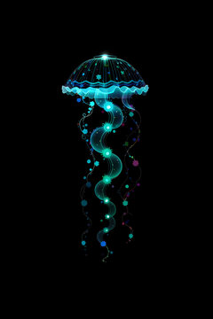 holographic bioluminescent jelly fish logo design center black background. Image created using artificial intelligence.