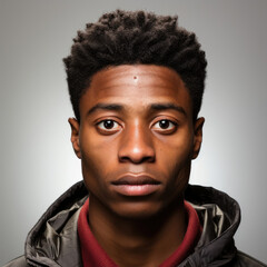 Fototapeta premium Professional studio head shot of a nonchalant 22-year-old African boy, eyes looking down.