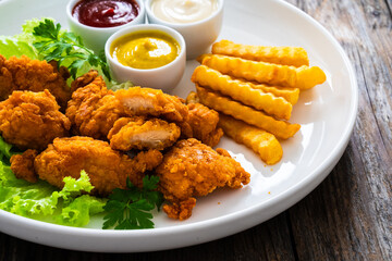 Seared breaded chicken nuggets with French fries on wooden table
