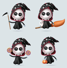 Halloween grim reaper characters vector set design. Halloween grim reaper cute character collection wearing robe and black hood costume elements decoration. Vector illustration grim reaper collection.