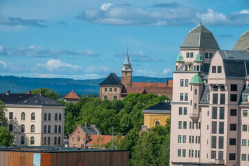 Obraz premium View of the Oslo skyline and Akerhus fortress from Bjørvika in Central Oslo, Norway.