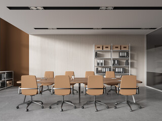 Modern meeting room interior with armchairs and board, shelf with documents