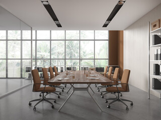 Brown and wooden board room interior