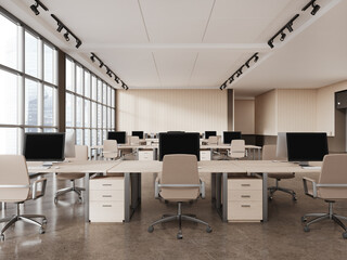 Beige business work zone interior with desk and computers, panoramic window