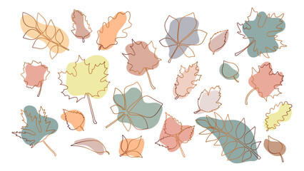 Collection of hand drawn outline autumn leaves. Leaf in one line doodle style.