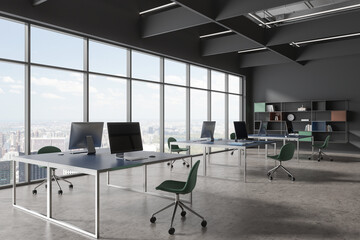 Gray open space office corner with bookshelves