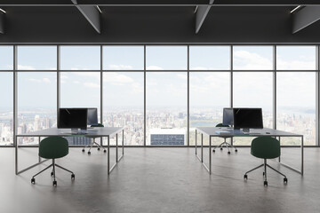 Gray panoramic office with green chairs